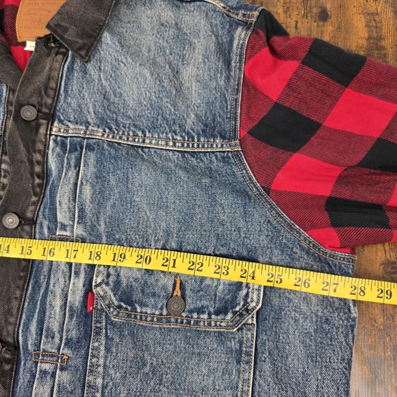 Levis Premium Trucker Jacket Mens XL Denim Plaid Flannel Buffalo Check Sleeve - Picture 5 of 7